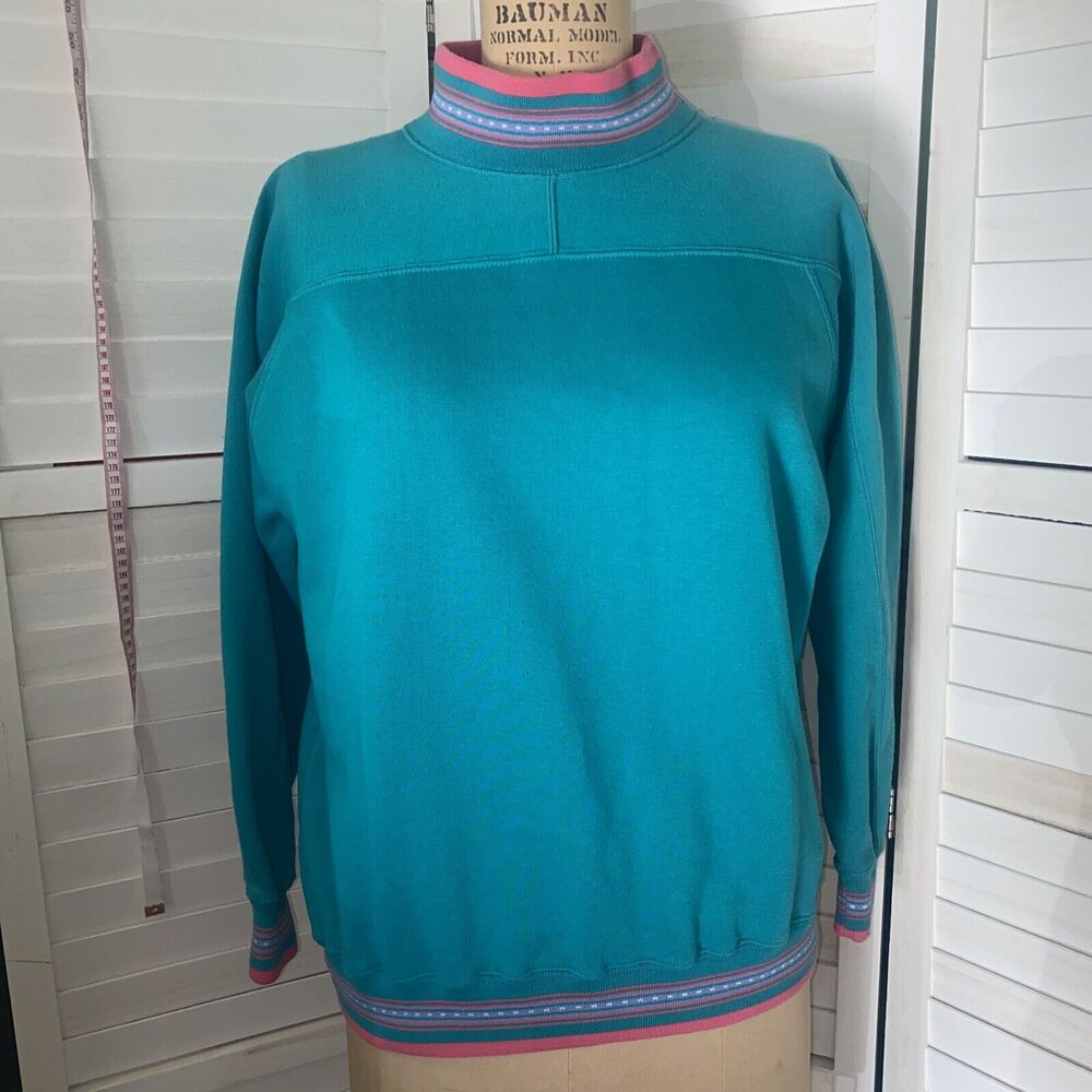 90s Vintage Cheetah Mervyns Teal Pink Blank USA Made Sweatshirt Crewneck Sz Sm